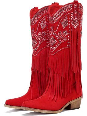 Women's Red Suede Knee High Cowgirl Boots Fringe Rhinestone Western Chunky Heel
